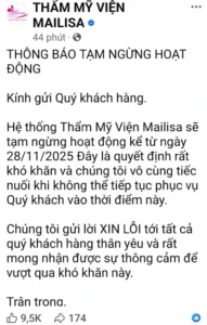 Ngày 28/11 thông báo đóng cửa thẩm mĩ viện Malisa
